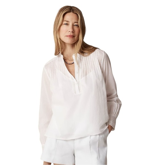 J Crew White Pintuck Lace Trim Cotton Voile Peasant Top Women Size L Long Sleeve - Picture 1 of 11